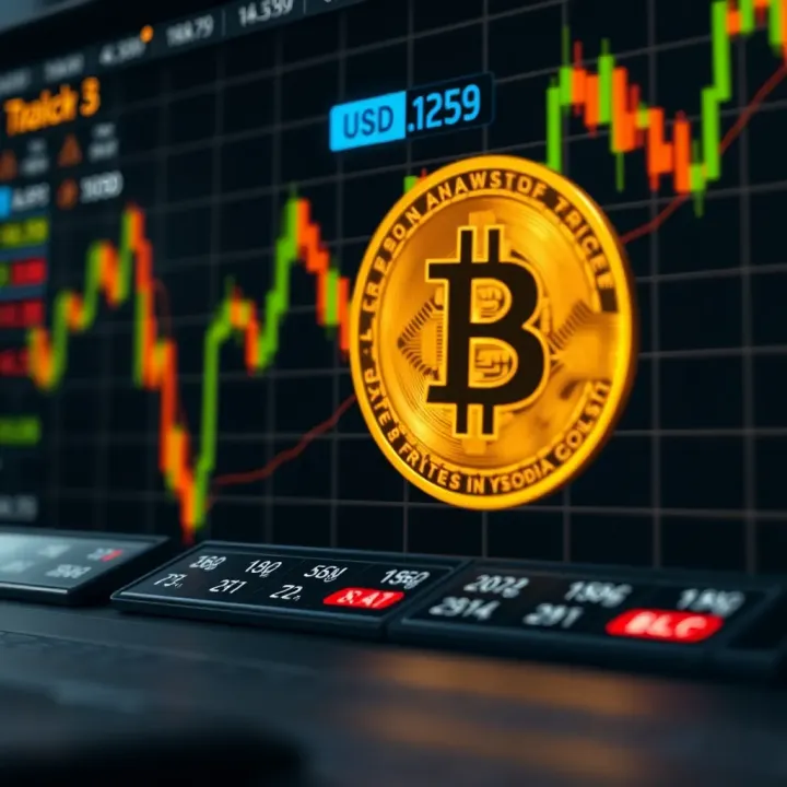 Graph showing fluctuations in Bitcoin price against USD with market trend indicators