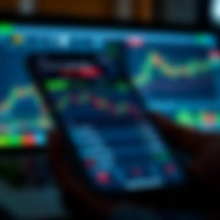 Mobile device displaying forex trading application interface with currency charts and trading options