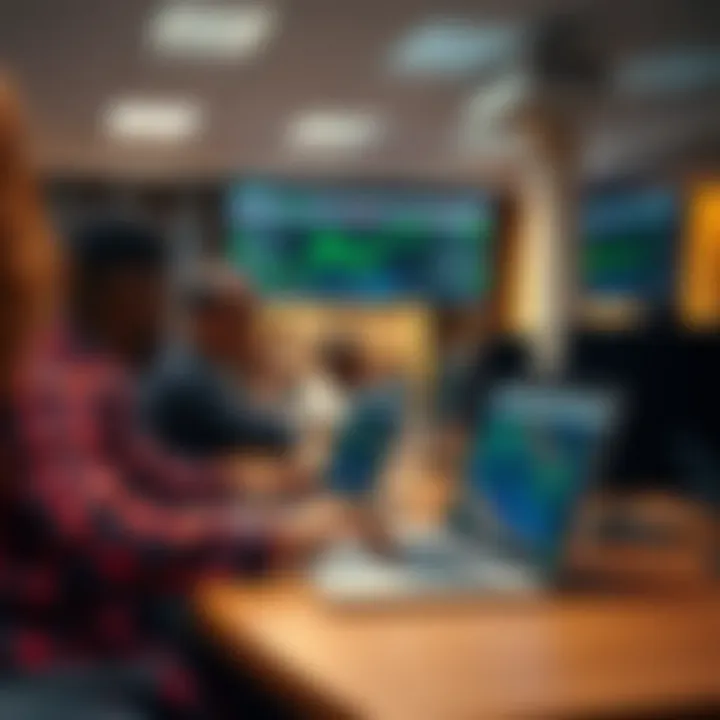 Forex Trading Education Session with Practical Learning Classroom setting with individuals engaged in learning forex trading strategies using laptops