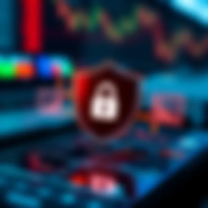 Secure mobile trading with encryption symbols and a shield overlay on a smartphone screen