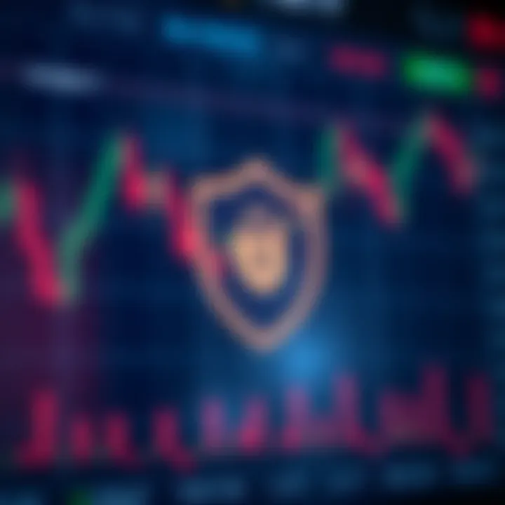 Graph depicting trading patterns and security shield symbol representing safety features on Deriv platform