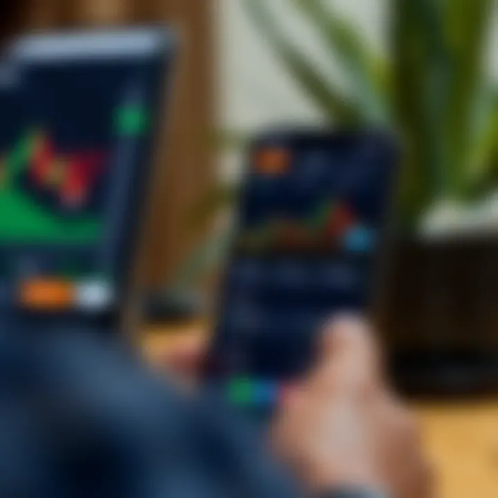 Mobile phone displaying Deriv.com app interface with trading charts and options