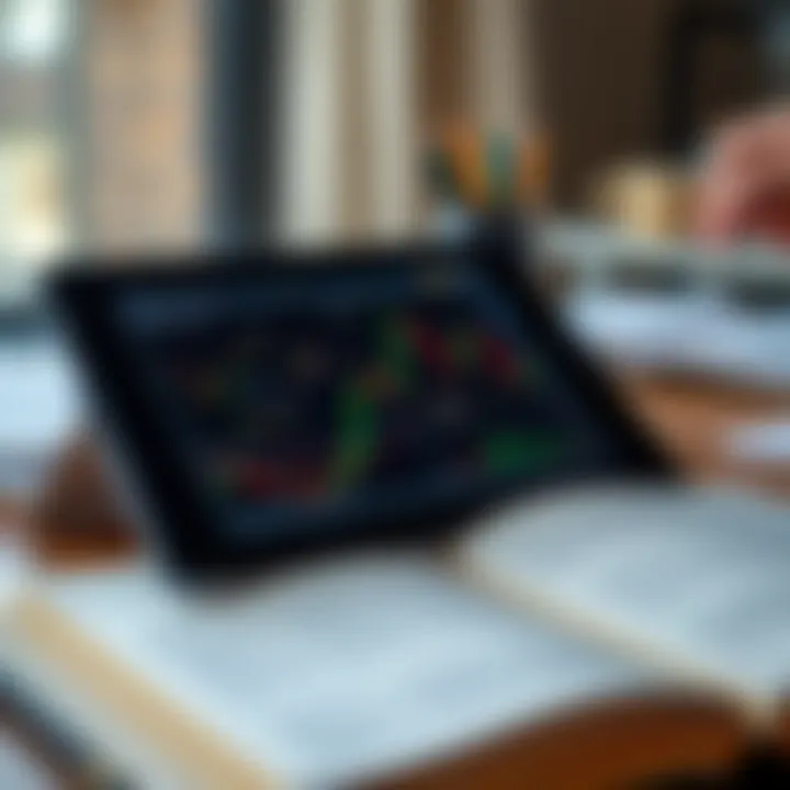 Open book and digital tablet displaying forex trading concepts