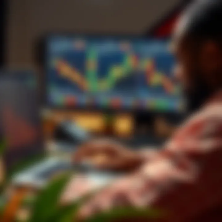 Kenyan investor using laptop to access IQ Option trading platform with forex and cryptocurrency charts visible