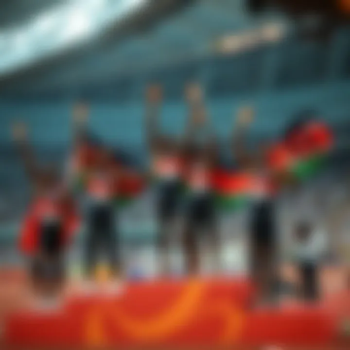 Kenyan athletes celebrating victory on the podium with national flags