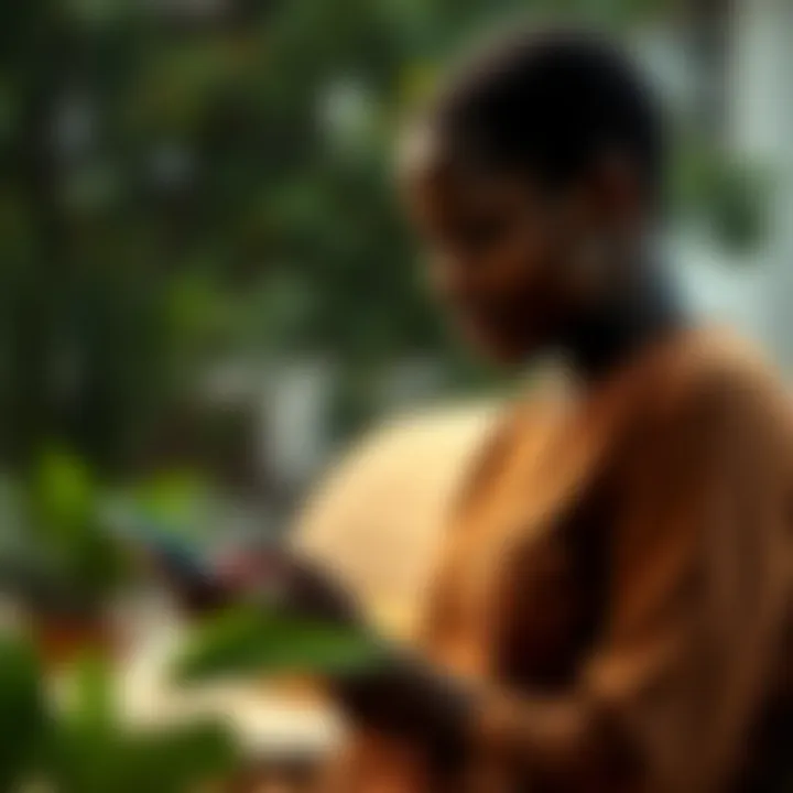 Illustration of a Kenyan borrower using a mobile phone to apply for a loan on Momentum Credit platform