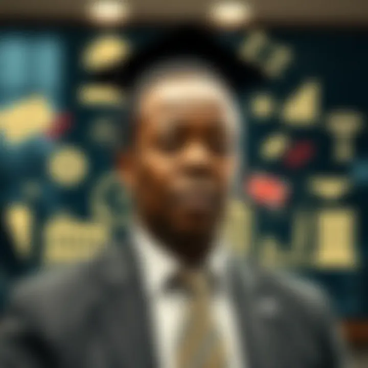 Illustration of academic and business symbols representing Paul Mugenda's leadership and contributions in Kenya
