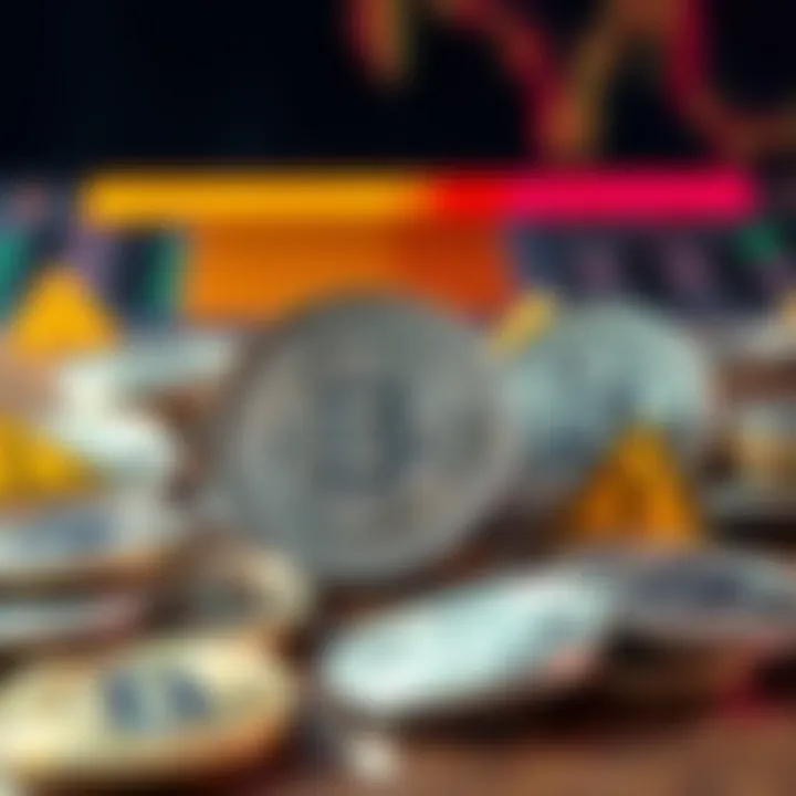 Conceptual illustration of digital currency symbols with caution signs