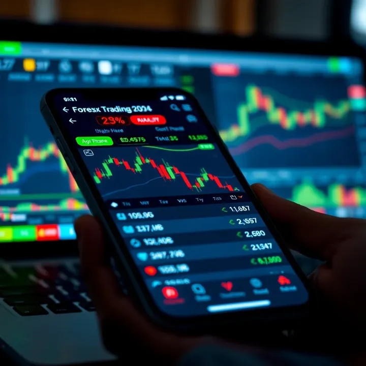 Mobile device displaying forex trading application interface with currency charts and trading options