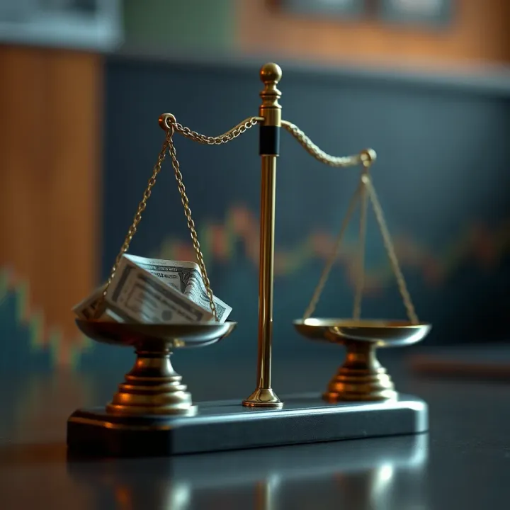 Illustration of a trading balance scale symbolizing risk and reward in financial leverage