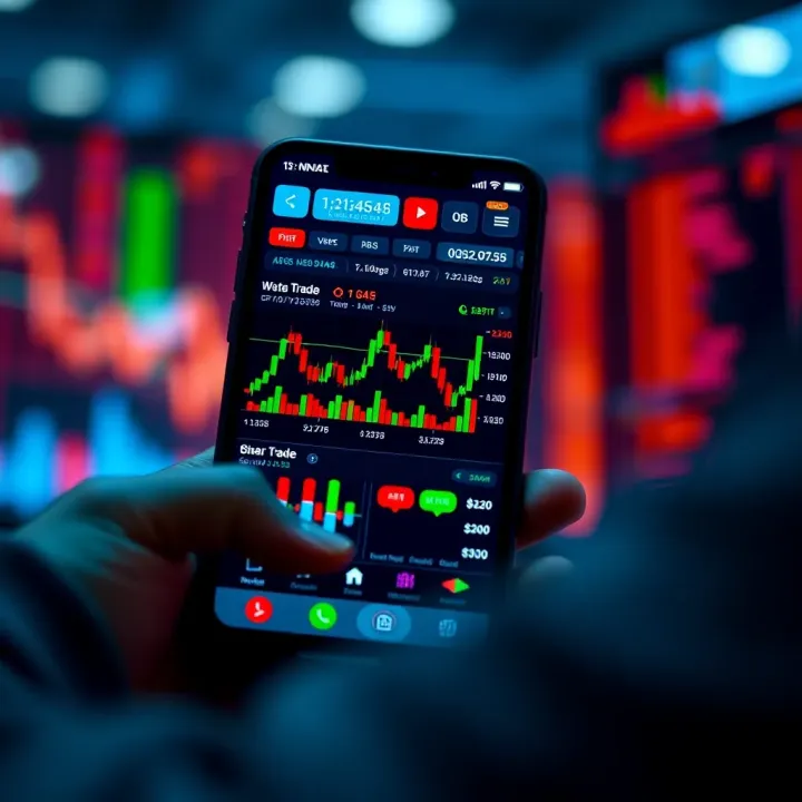 Mobile device displaying binary trading platform with charts and trading options