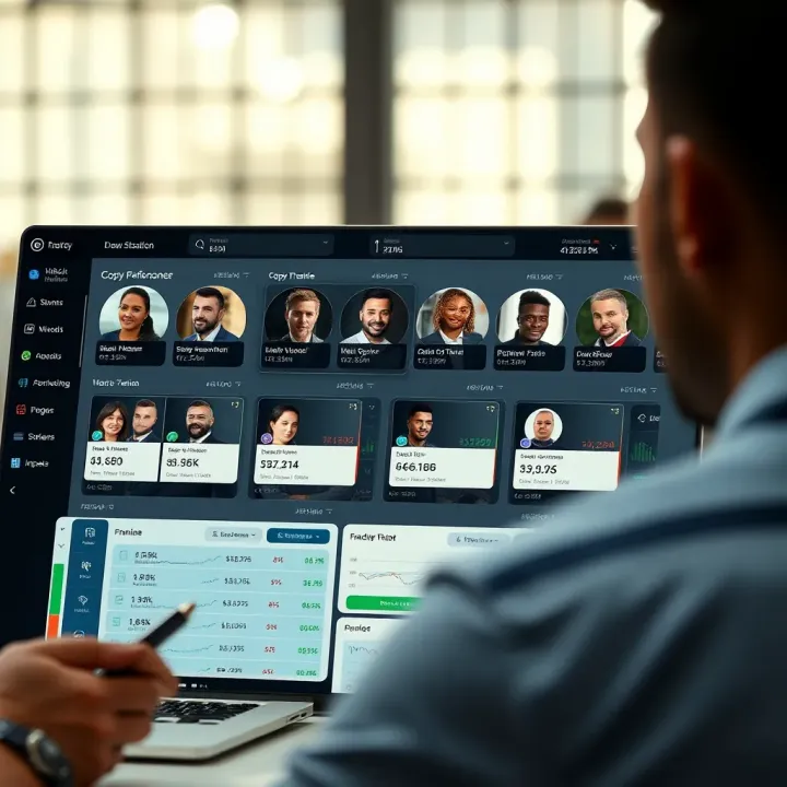 Overview of Trader Selection on Copy Trading Platform Dashboard interface showcasing trader profiles with performance stats and selection options