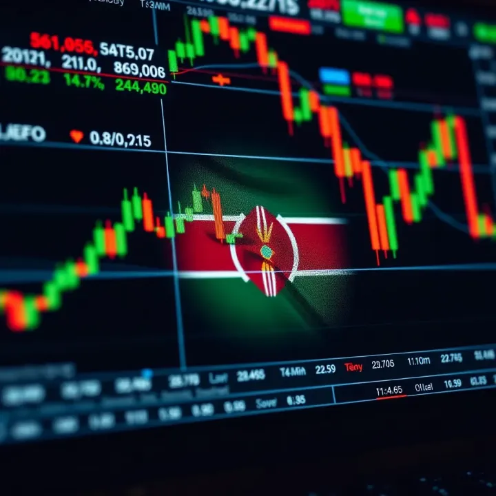 Detailed view of cryptocurrency trading charts with Kenyan flag overlay