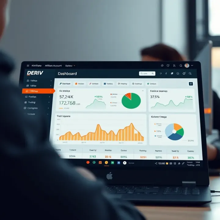 Dashboard interface showing Deriv affiliate account overview with key statistics and navigation menu