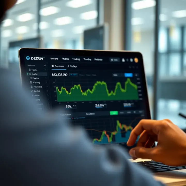 Trader interface showing Deriv demo account dashboard with charts and trading options