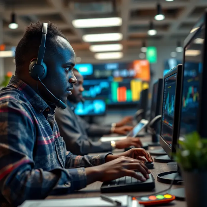 Customer support team assisting traders via live chat on digital devices