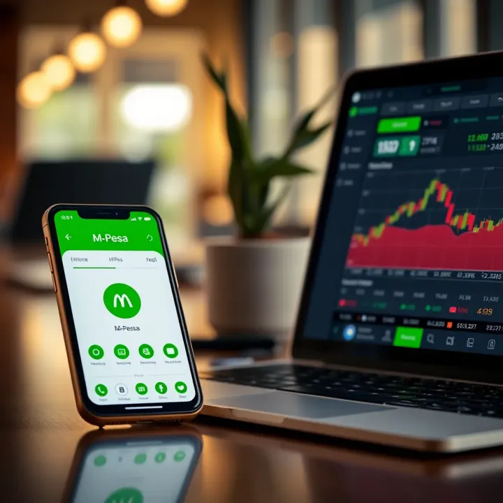 Mobile phone displaying M-Pesa app alongside a laptop showing Deriv trading platform dashboard
