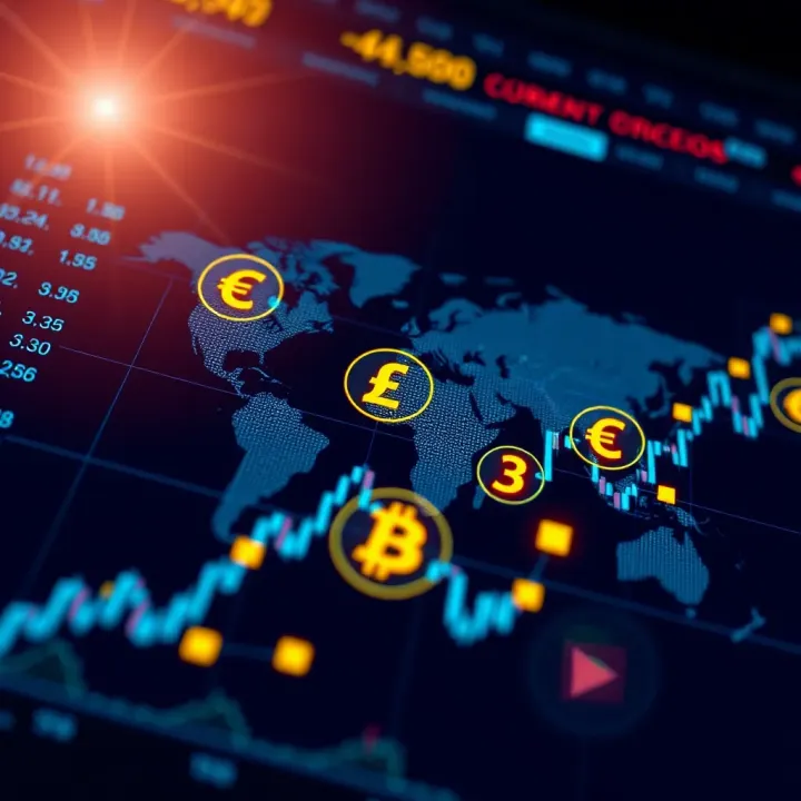 Illustration of global currency symbols interconnected on a digital trading platform
