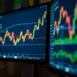 Chart with upward trend lines and trading data on computer screen