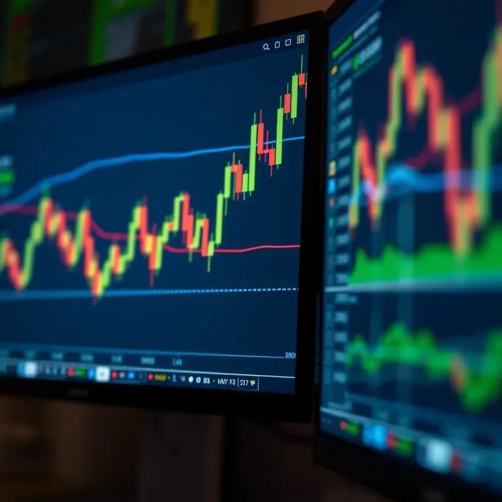 Chart with upward trend lines and trading data on computer screen