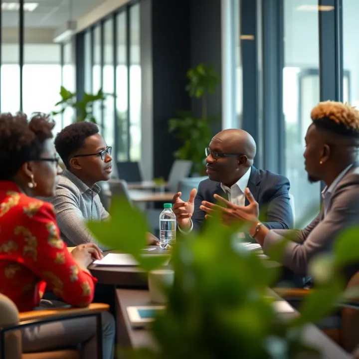 Kenyan entrepreneurs discussing business funding strategies in a modern office environment