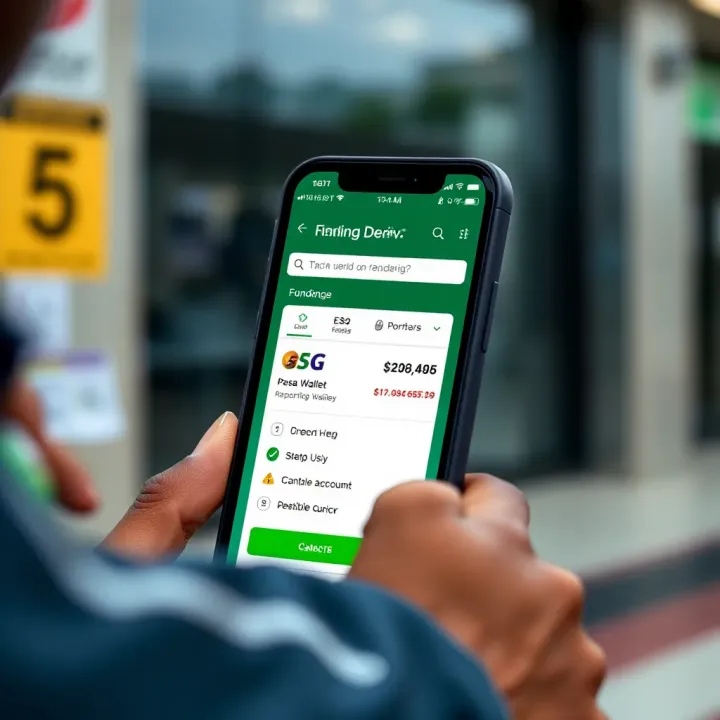 Mobile phone screen illustrating M-Pesa wallet funding interface linked to Deriv account