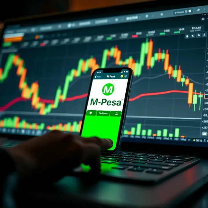 Integration of M-Pesa Payment with Online Trading Mobile phone displaying M-Pesa app alongside trading graphs representing digital payment integration
