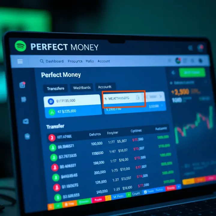 Screenshot showing Perfect Money account dashboard with transfer options highlighted
