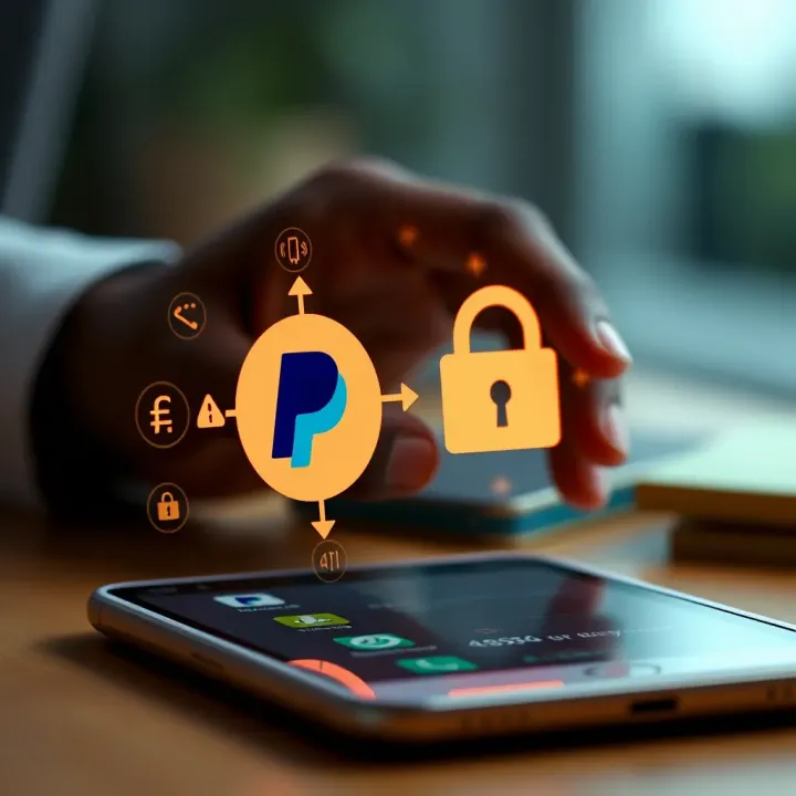 Illustration of a secure digital transaction between PayPal and M-Pesa showing currency exchange and security icons
