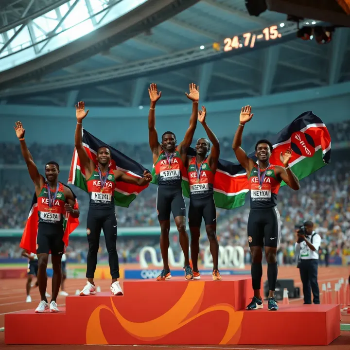 Kenyan athletes celebrating victory on the podium with national flags