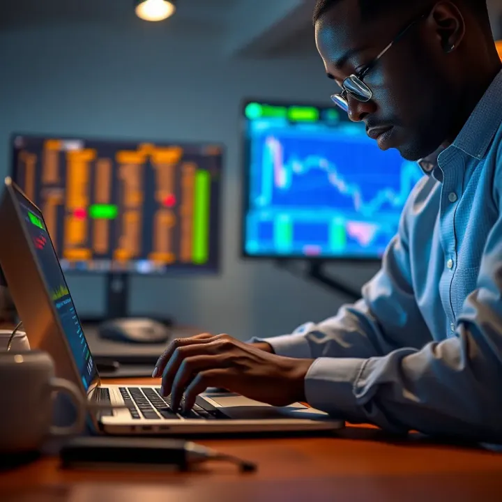 Illustration of Kenyan trader reviewing bonus terms and withdrawal conditions on a laptop