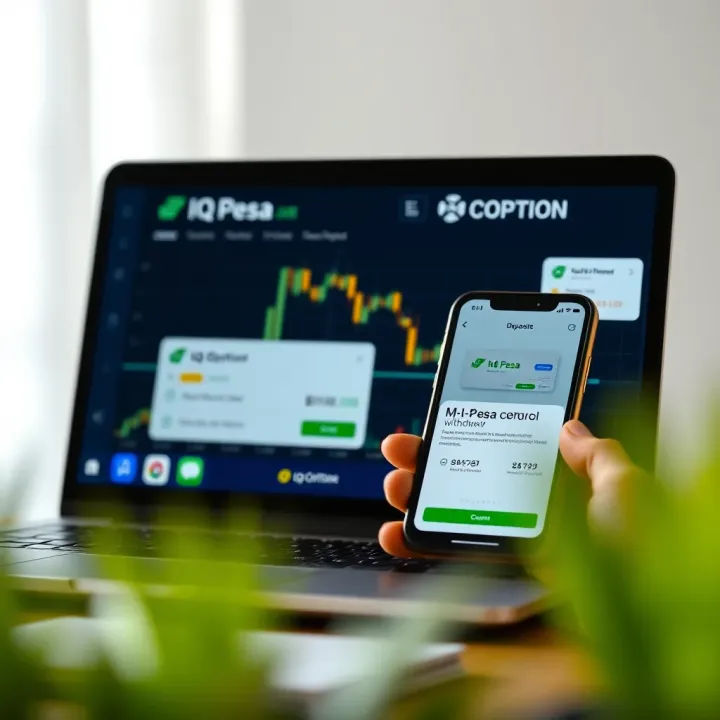 Mobile phone displaying M-Pesa app alongside a laptop showing IQ Option withdrawal confirmation