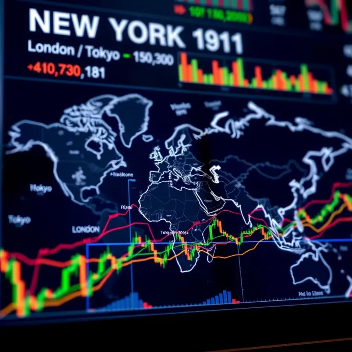 World map highlighting New York forex trading session hours and overlaps with London and Tokyo markets