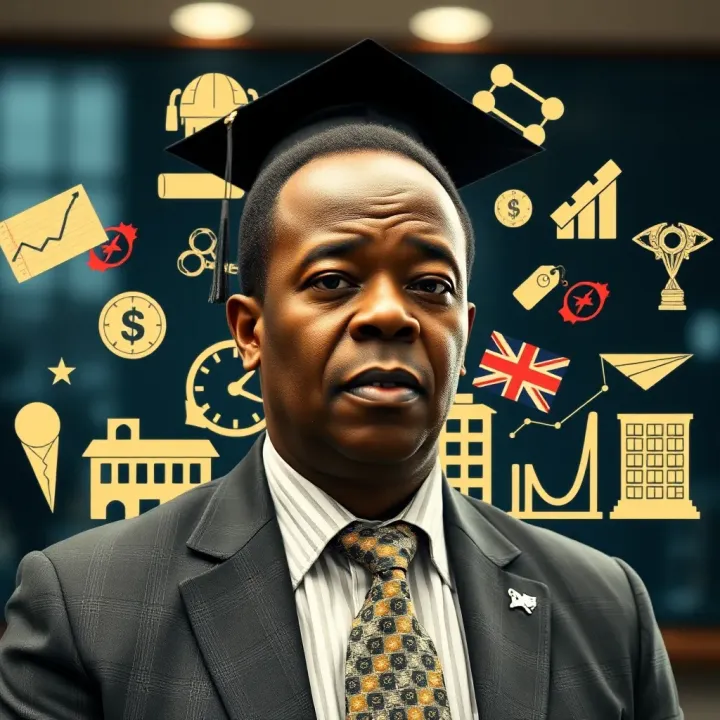 Illustration of academic and business symbols representing Paul Mugenda's leadership and contributions in Kenya