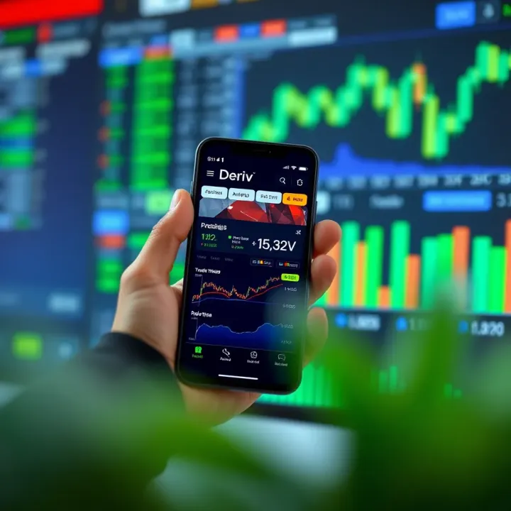 Deriv Account Management and Market Analysis on Mobile via MetaTrader 5 Mobile device displaying Deriv trading account dashboard with market trends and analytics