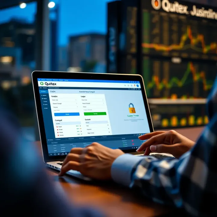 User logging into Quotex trading platform on a laptop showing secure connection