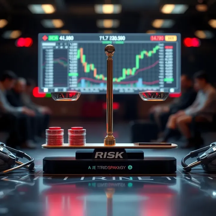 Visualization of risk and reward balance in robot trading strategies with digital data overlays