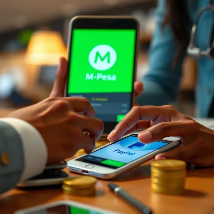 Illustration of secure online payment with M-Pesa and PayPal on digital devices with currency symbols