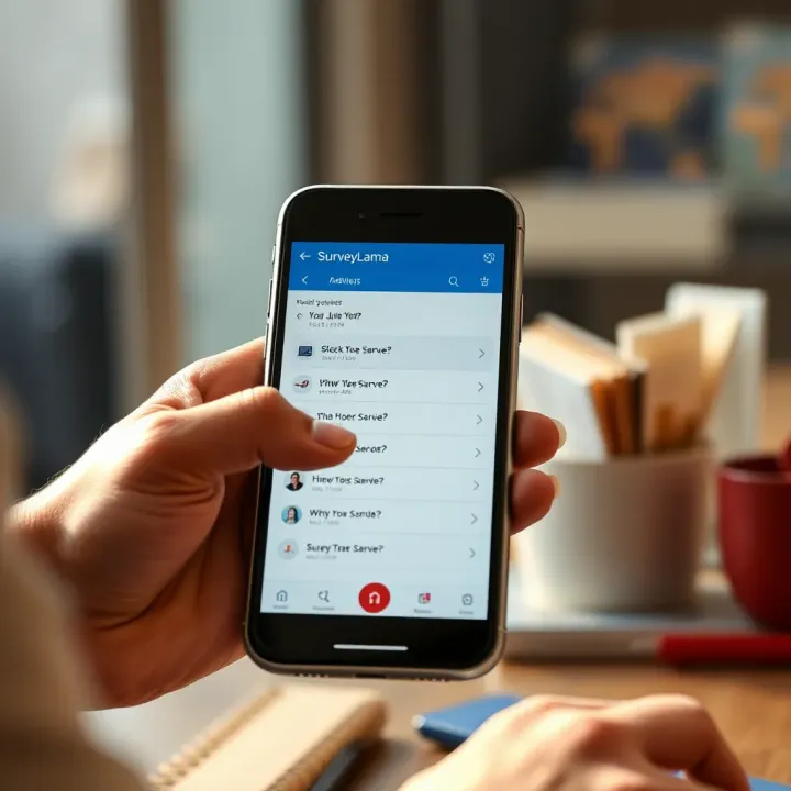 User engaging with SurveyLama platform on a smartphone showing survey questions