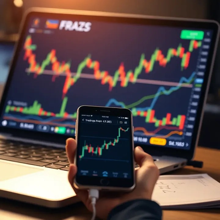 Graph showing currency exchange rate fluctuations with laptop and smartphone