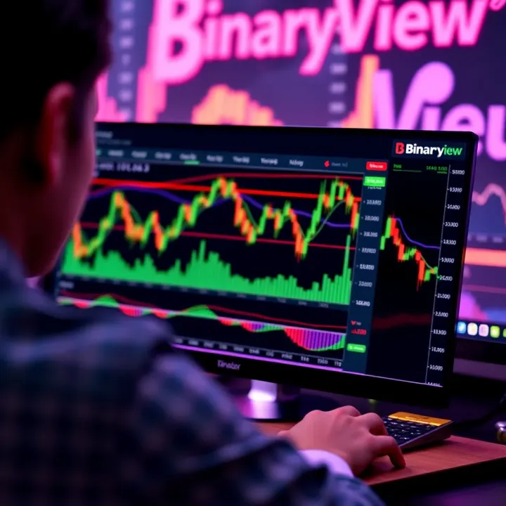 TradingView chart displaying multiple technical indicators alongside Binary.com trading interface