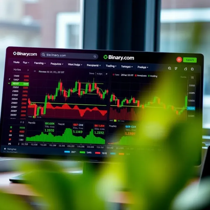 Dashboard displaying various trading options and market charts on Binary.com platform