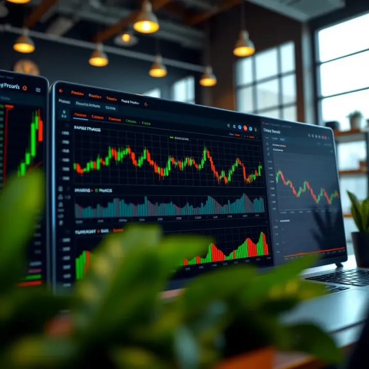 Dashboard interface showing binary trading options with charts and indicators