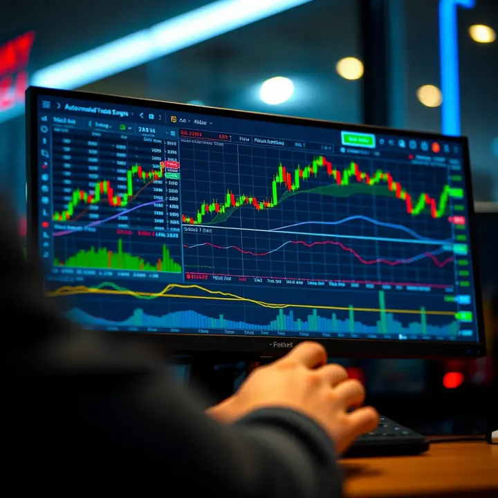Automated trading software interface displaying market charts and binary options signals