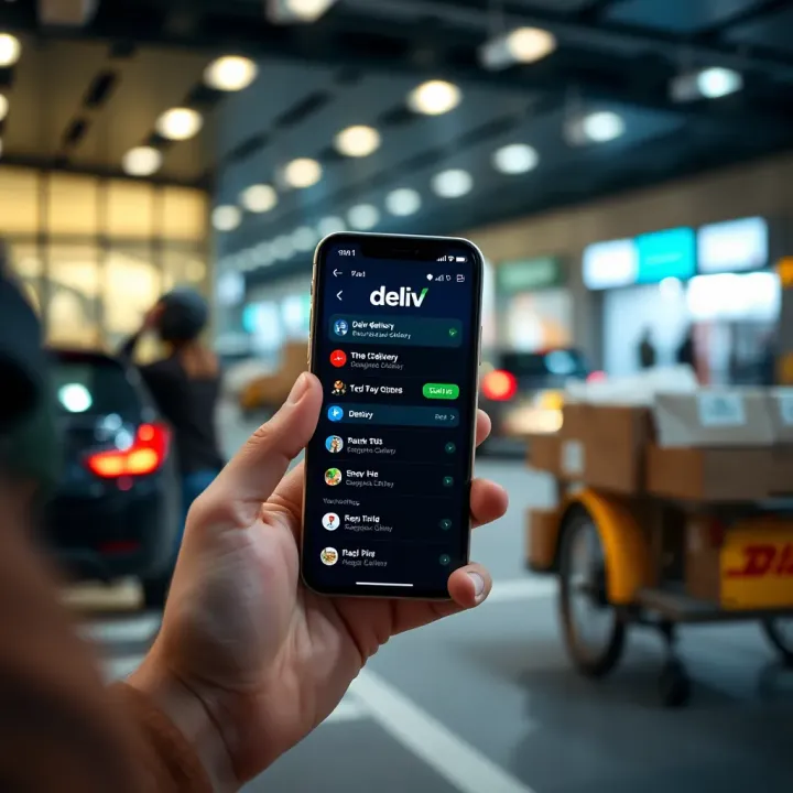 Deliv On-Demand Delivery Service Mobile Application Mobile device displaying Deliv app interface with delivery options and tracking