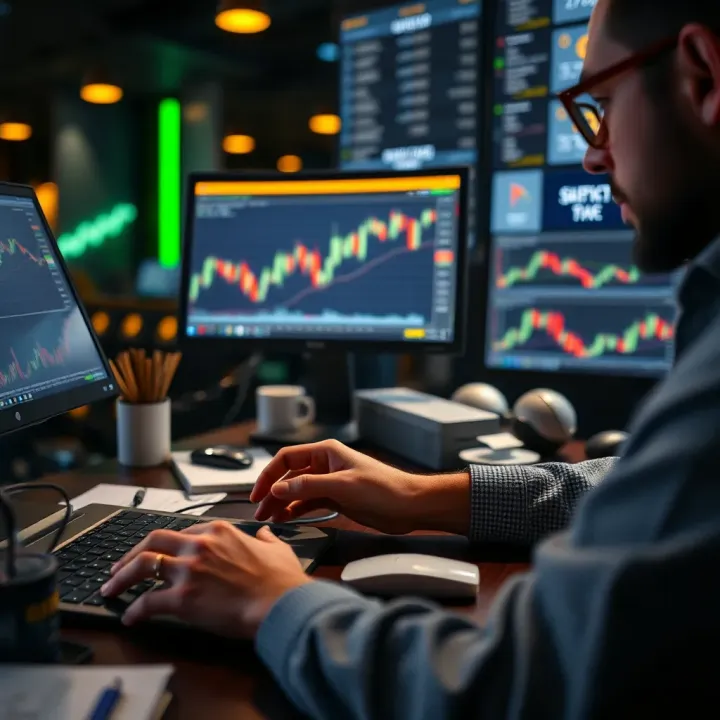 Illustration of a trader analyzing market trends on a laptop using a demo account