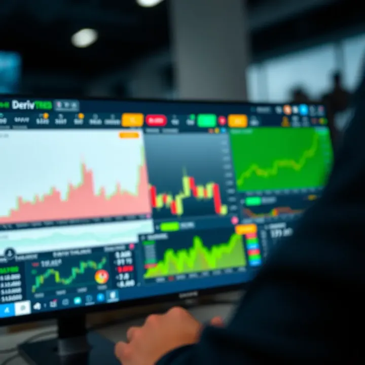 User interface of Deriv trading platform showing various financial charts and market indicators