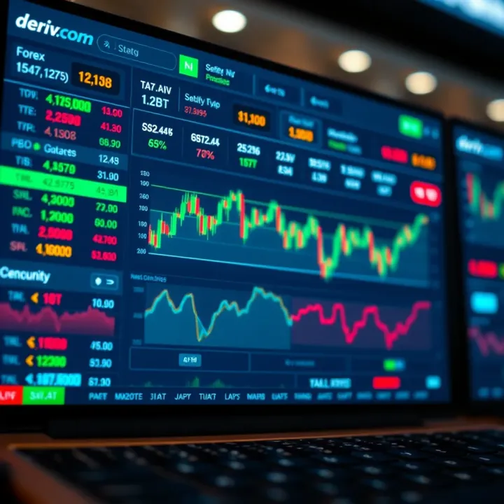 Interface of Deriv.com showing various trading instruments like forex and synthetic indices