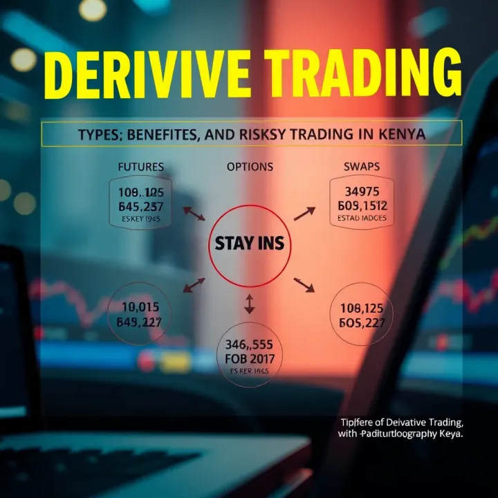 Types, Benefits, and Risks of Derivative Trading in Kenya Graphic showing various types of derivatives such as futures, options, and swaps with relevance to Kenyan markets