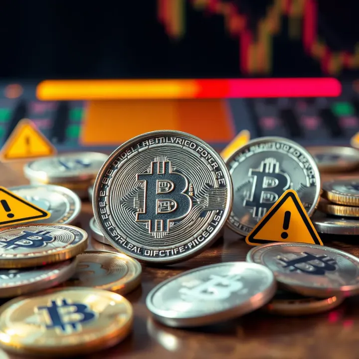 Conceptual illustration of digital currency symbols with caution signs